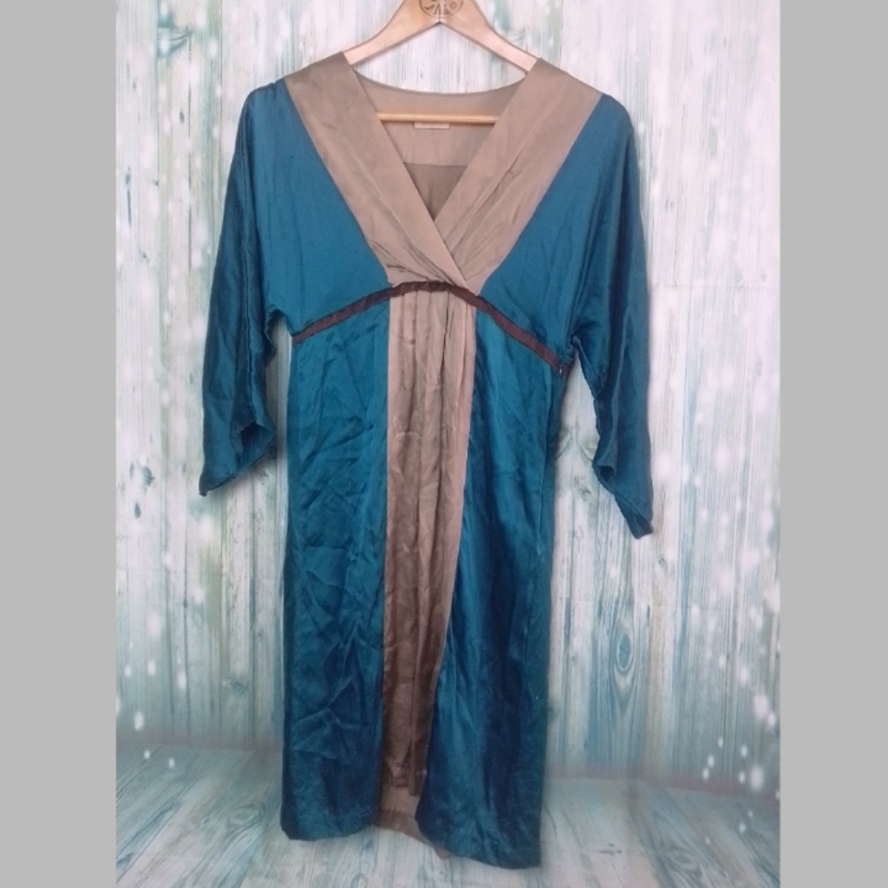 Miss me 100% silk dress teal and tan small